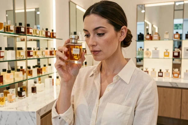 Femme examinant attentivement un flacon de parfum de marque dans une boutique de luxe pour repérer les bonnes affaires