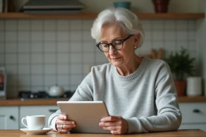 Femme âgée en cuisine regardant une tablette