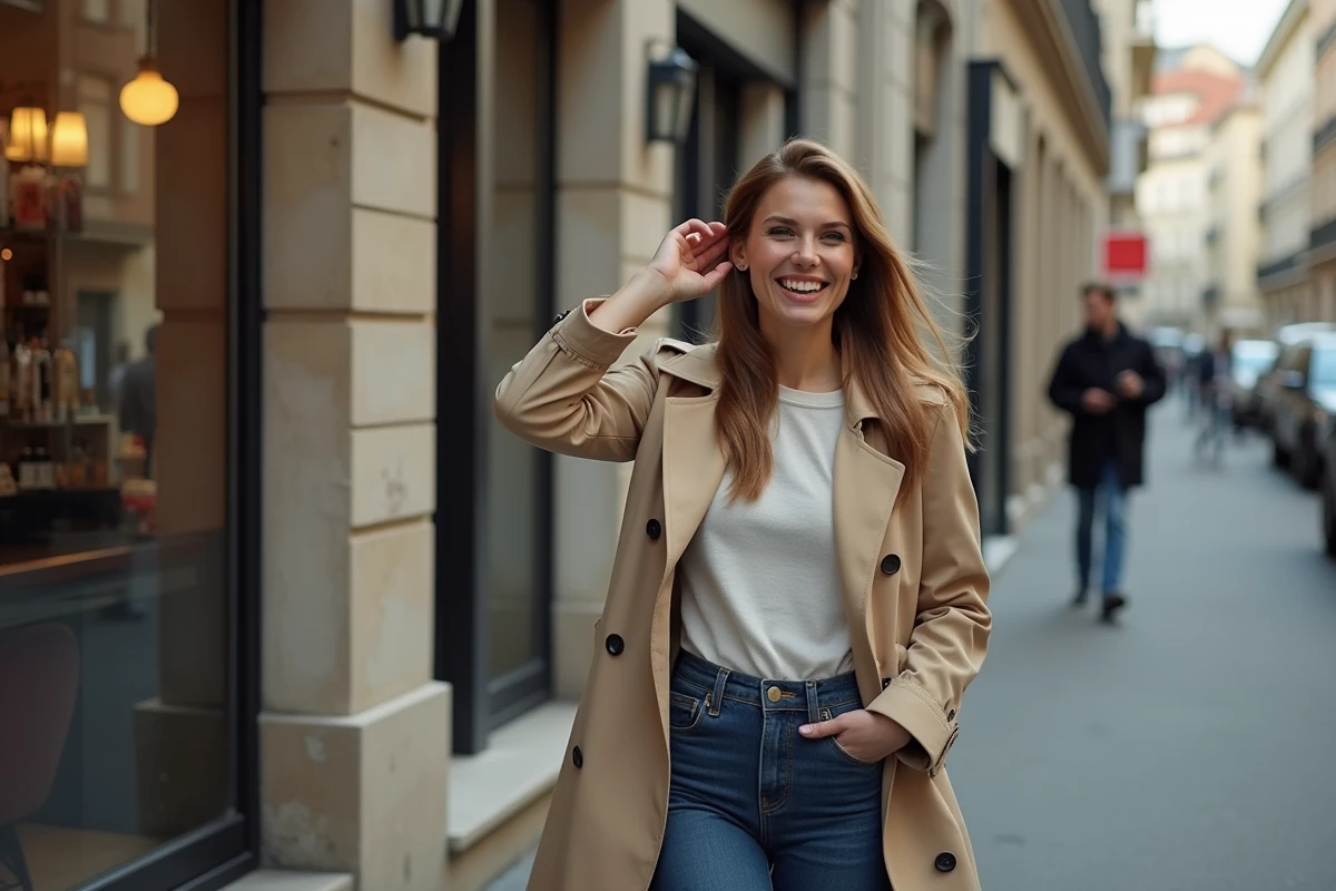 Jeune femme dehors dans un quartier lyonnais après sa coupe de cheveux