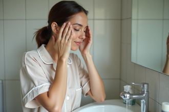Femme en pyjama se lave le visage dans la salle de bain