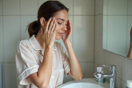 Femme en pyjama se lave le visage dans la salle de bain