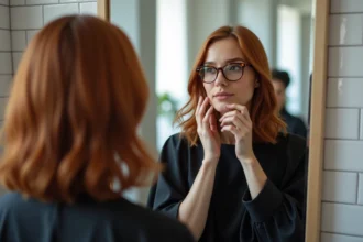 Femme aux lunettes rondes évaluant sa nouvelle coupe de cheveux devant un miroir de salon de coiffure