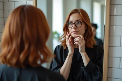 Femme aux lunettes rondes évaluant sa nouvelle coupe de cheveux devant un miroir de salon de coiffure