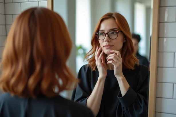 Femme aux lunettes rondes évaluant sa nouvelle coupe de cheveux devant un miroir de salon de coiffure