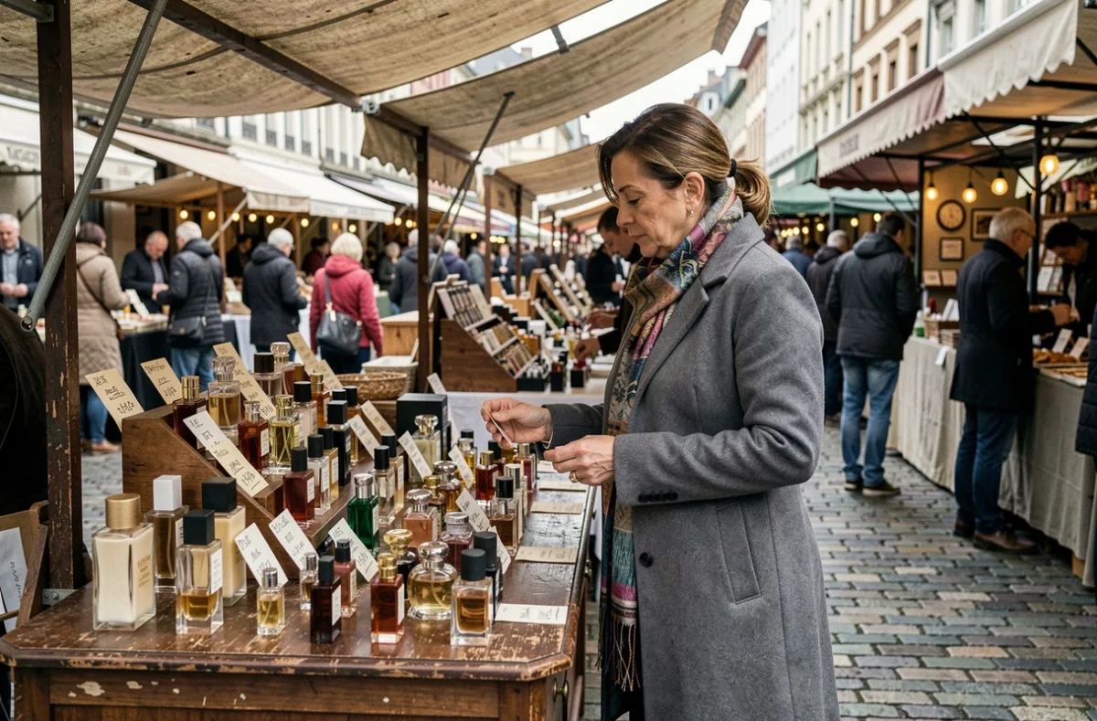 Femme élégante cherchant des bonnes affaires sur des parfums de marque dans un marché en plein air européen