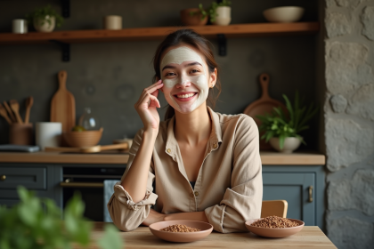 Femme appliquant un masque de lentilles maison sur le visage