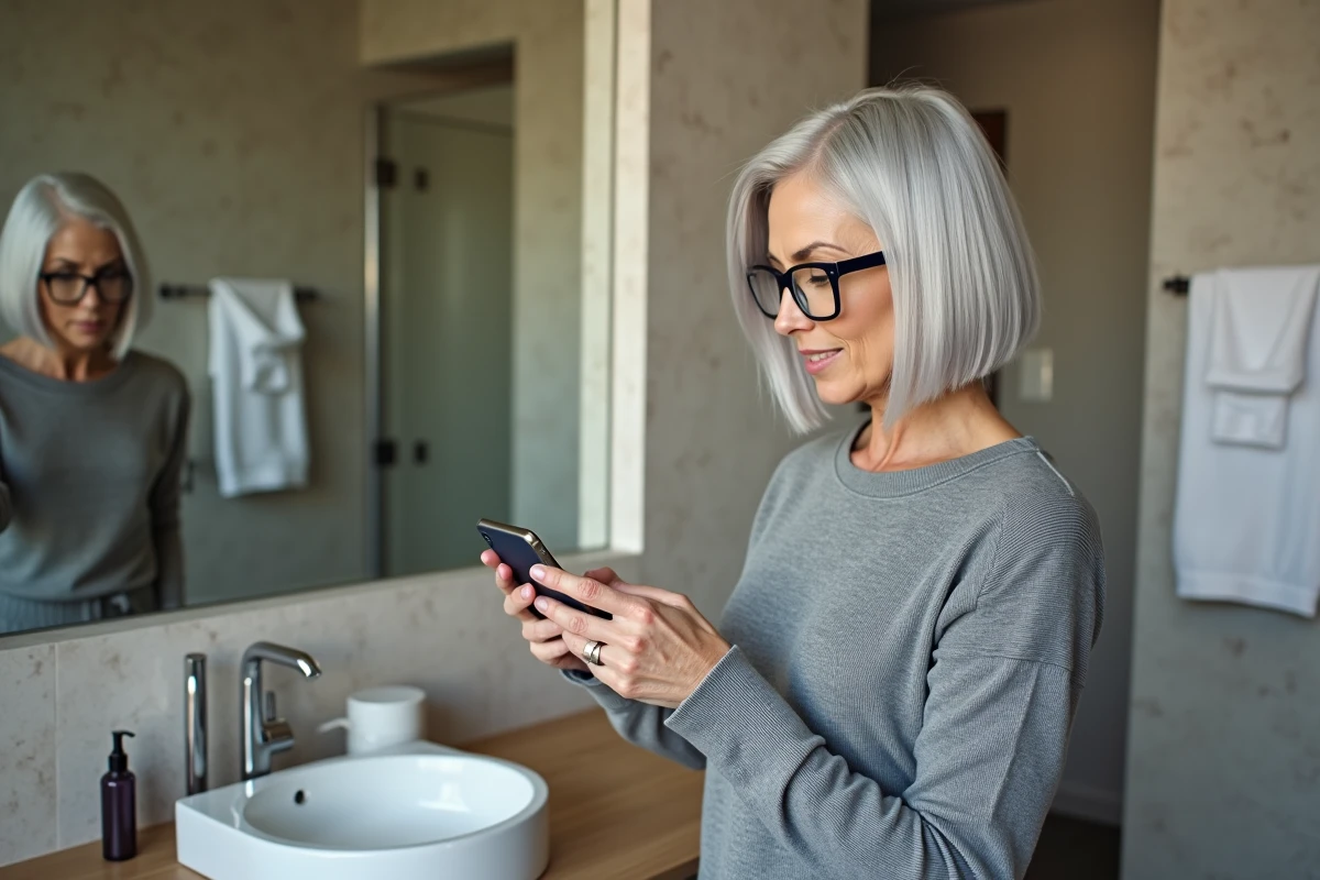 Femme mature aux lunettes carrées et carré plongeant argenté comparant des coiffures sur son téléphone devant un miroir de salle de bain