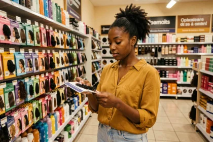 Jeune femme afro examinant des mèches synthétiques dans un magasin spécialisé afro, évitant les erreurs d'achat
