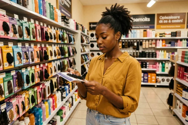 Jeune femme afro examinant des mèches synthétiques dans un magasin spécialisé afro, évitant les erreurs d'achat