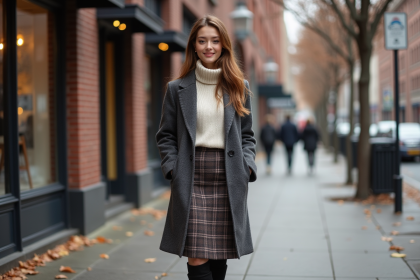 Femme élégante en automne avec jupe en laine et bottes