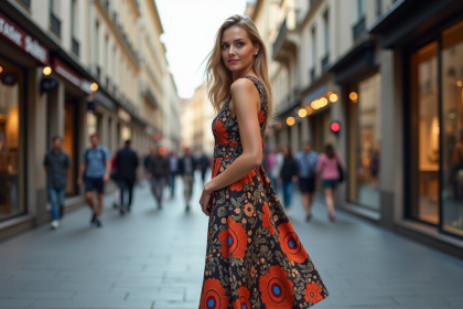 Femme élégante en robe moderne dans une rue européenne animée