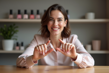 Femme souriante compare ses ongles en résine et gel