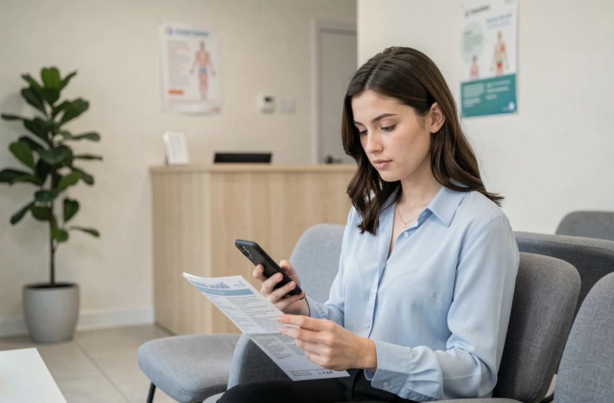 Jeune femme lisant une notice médicale simplifiée en salle d'attente tout en consultant son téléphone
