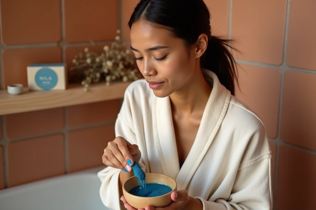 Femme préparant de la poudre de Nila bleue dans un bol en bois dans une salle de bain naturelle, rituel de soin traditionnel au savon Nila