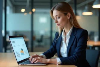 Femme professionnelle consultant son chiffre d'affaires sur un tableau de bord en ligne via une interface de connexion réseau professionnel