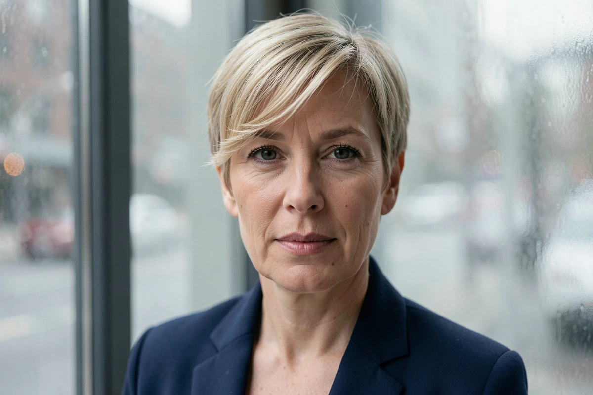 Femme d'une quarantaine d'années avec frange vaporeuse sur cheveux courts et fins en milieu urbain