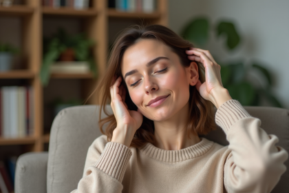 Femme détendue se massant le cuir chevelu dans un salon moderne