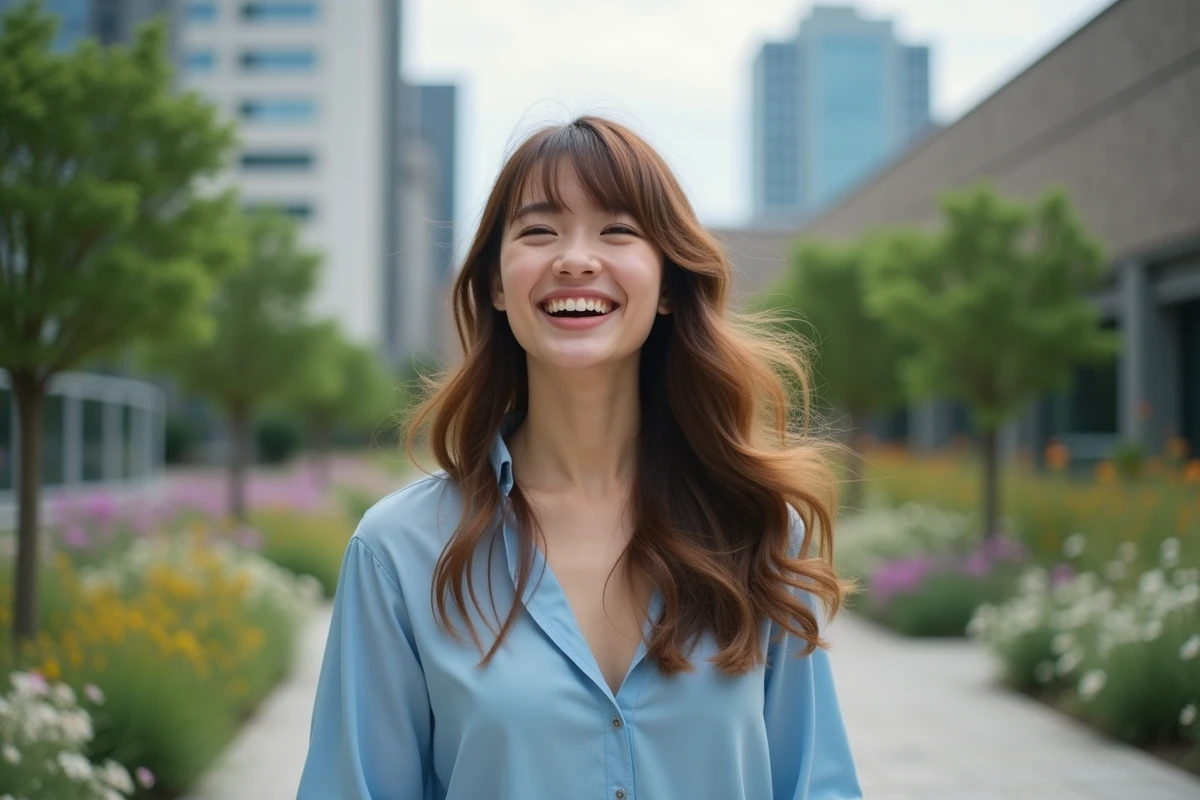 Jeune femme riant dans un jardin urbain avec cheveux ondulés