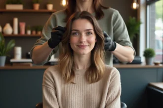 Femme souriante dans un salon de coiffure moderne en balayage blond