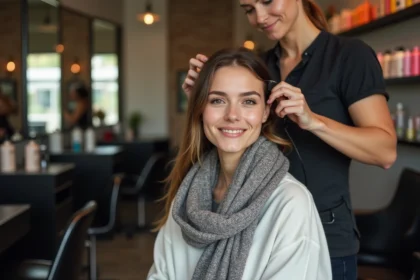 Femme élégante dans un salon de Lyon en train de se faire couper les cheveux