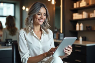 Femme élégante examinant une facture sur une tablette dans un salon moderne