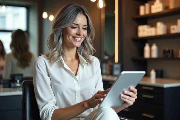 Femme élégante examinant une facture sur une tablette dans un salon moderne