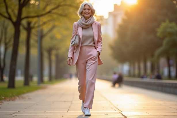 Femme élégante de 60 ans souriante dans un parc en ville