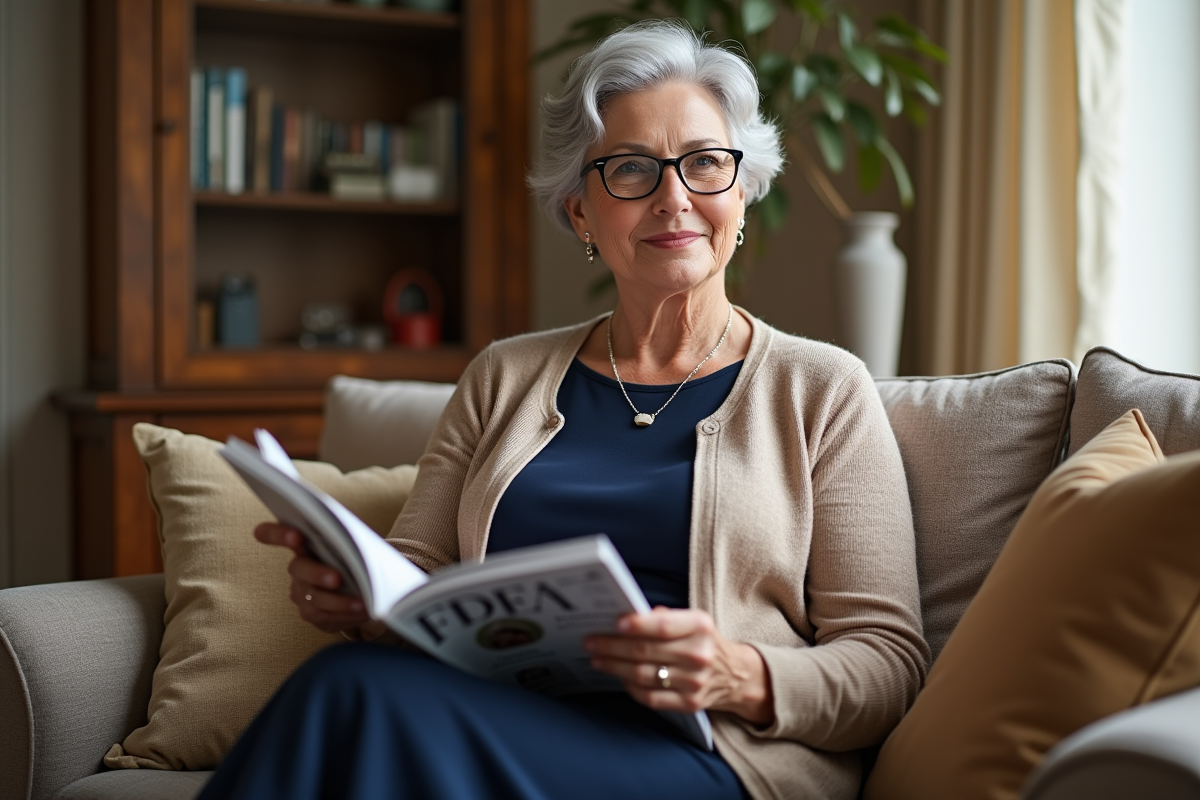 Femme sophistiquée de 60 ans lisant dans un salon chaleureux