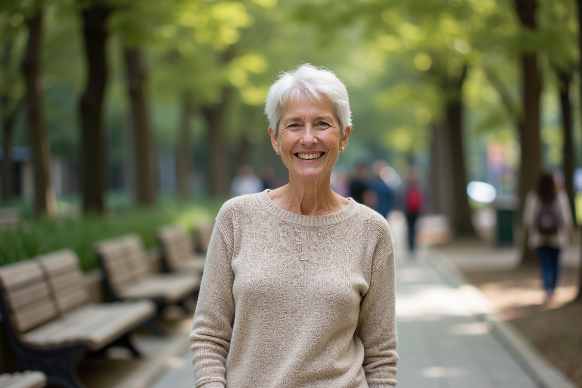Femme senior souriante dans un parc urbain en plein air