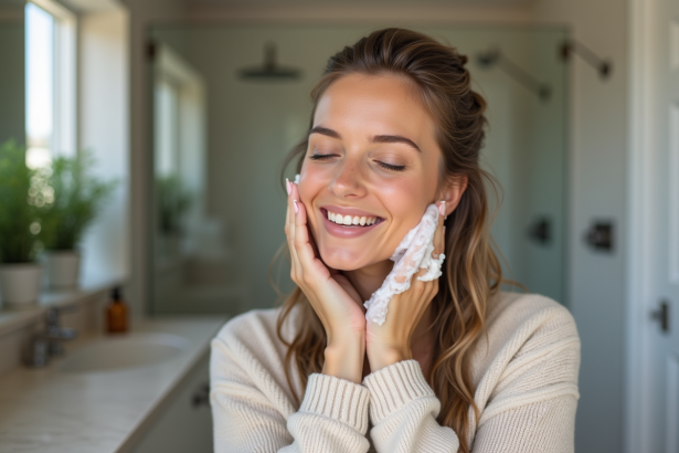 Femme relaxant en se lavant les cheveux dans une salle de bain moderne