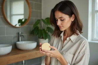 Femme examinant un shampoing solide dans une salle de bain naturelle