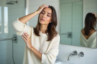 Femme se massant le cuir chevelu dans la salle de bain