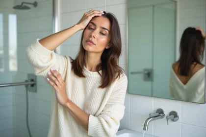 Femme se massant le cuir chevelu dans la salle de bain