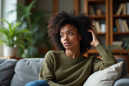 Femme afro se massant le cuir chevelu dans un salon cosy