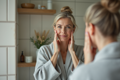 Femme se massant le visage devant un miroir dans la salle de bain