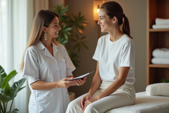 Femme souriante en spa détente avec théraperapeute