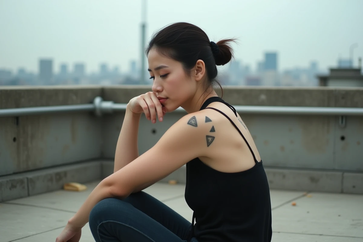 Jeune femme pensive avec tatouage trois triangles sur l'épaule sur un toit urbain en béton