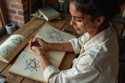 Femme examinant son tatouage trois triangles sur le poignet avec des sketchbooks géométriques en arrière-plan