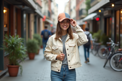 Femme élégante en ville portant veste en denim crème et casquette moderne