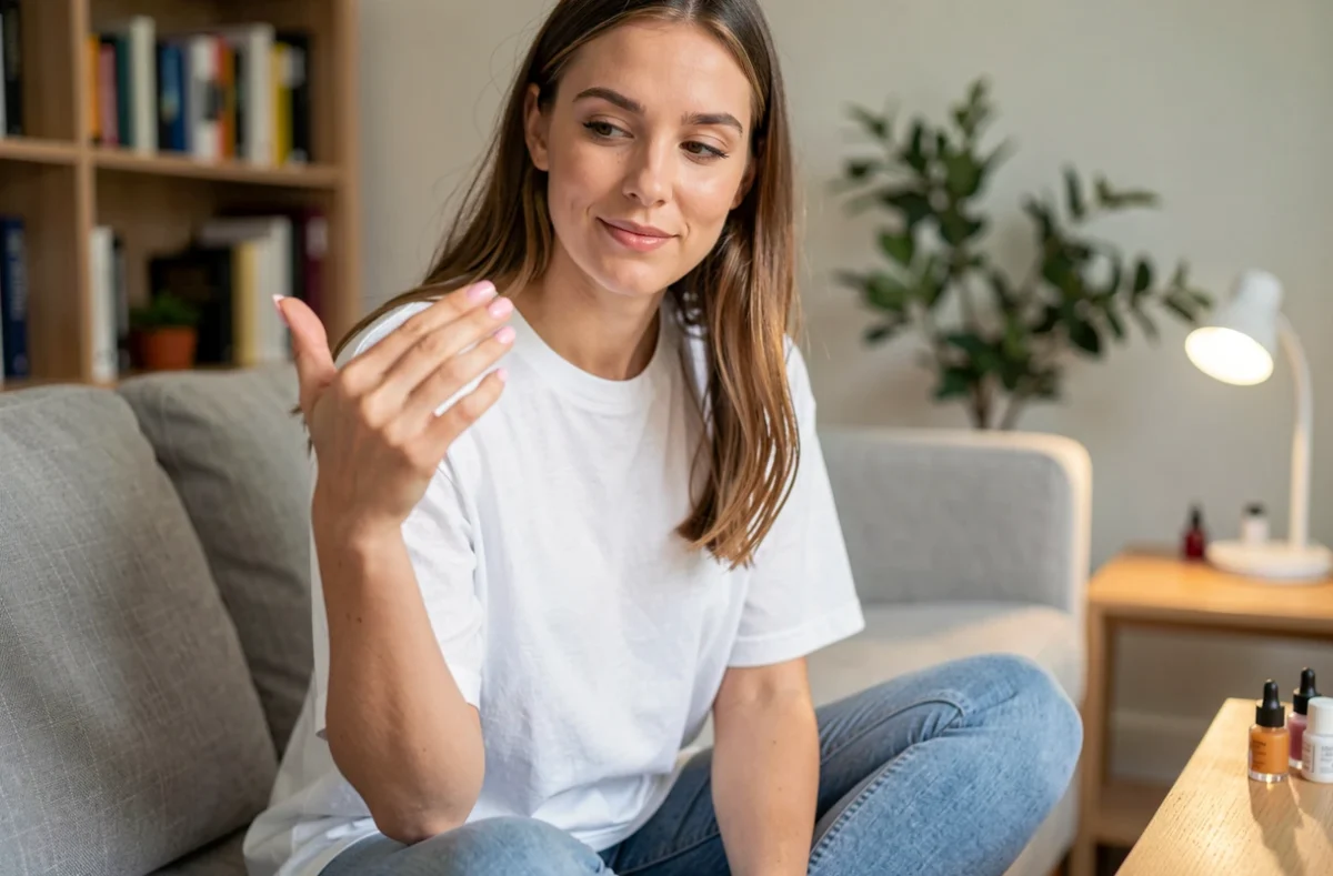 Femme inspectant ses ongles courts en gel rose sur un canapé en lin gris dans un salon cosy après une manucure maison
