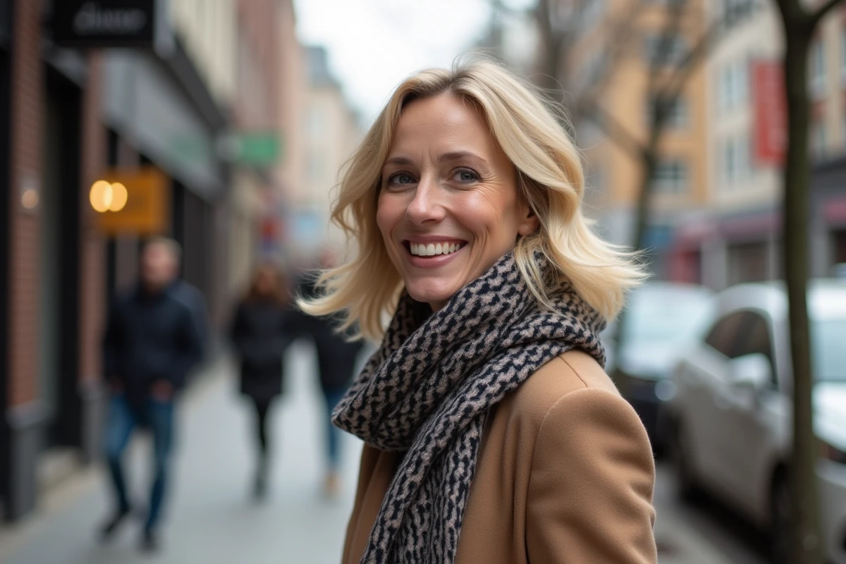 Femme blonde marchant dans la ville avec un sourire