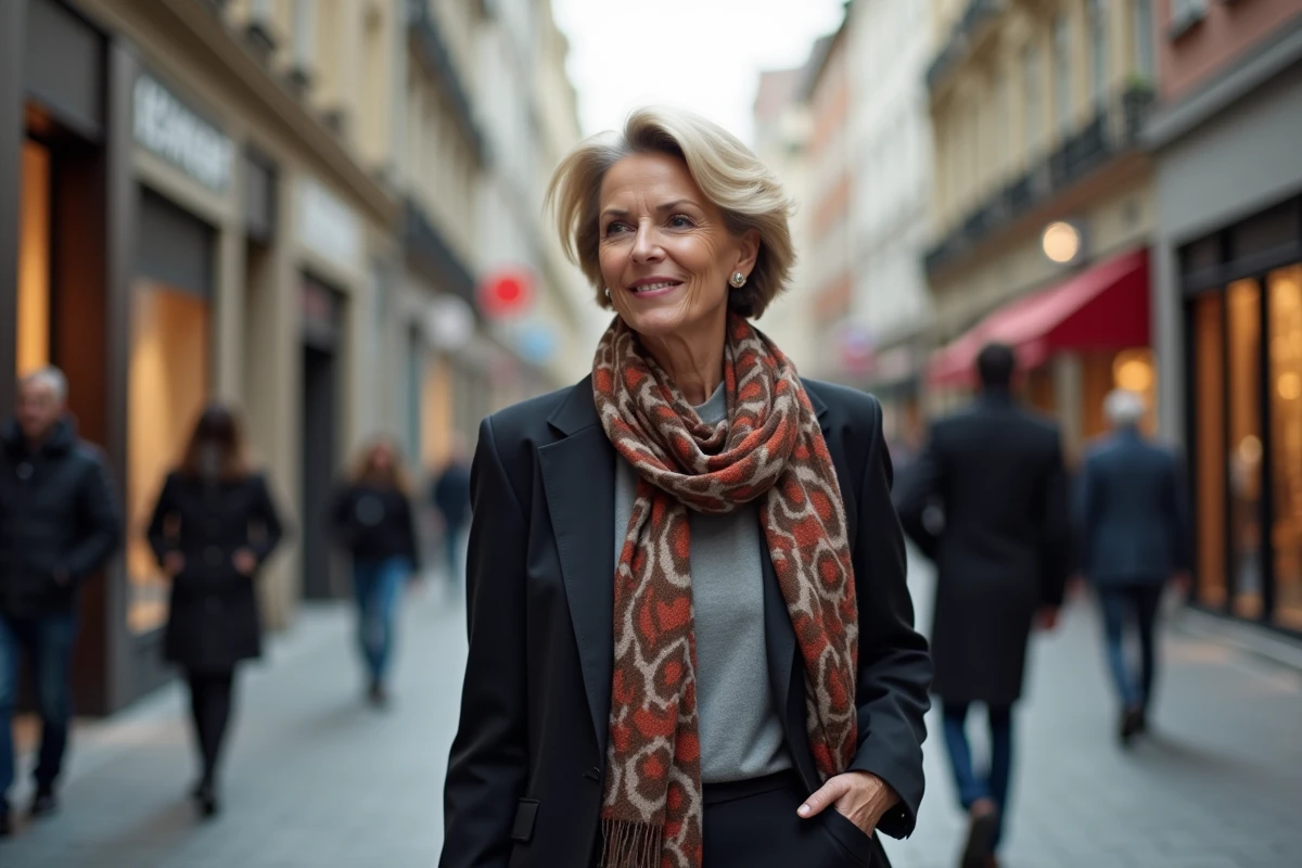 Femme élégante marchant dans la ville avec coupe carré boule