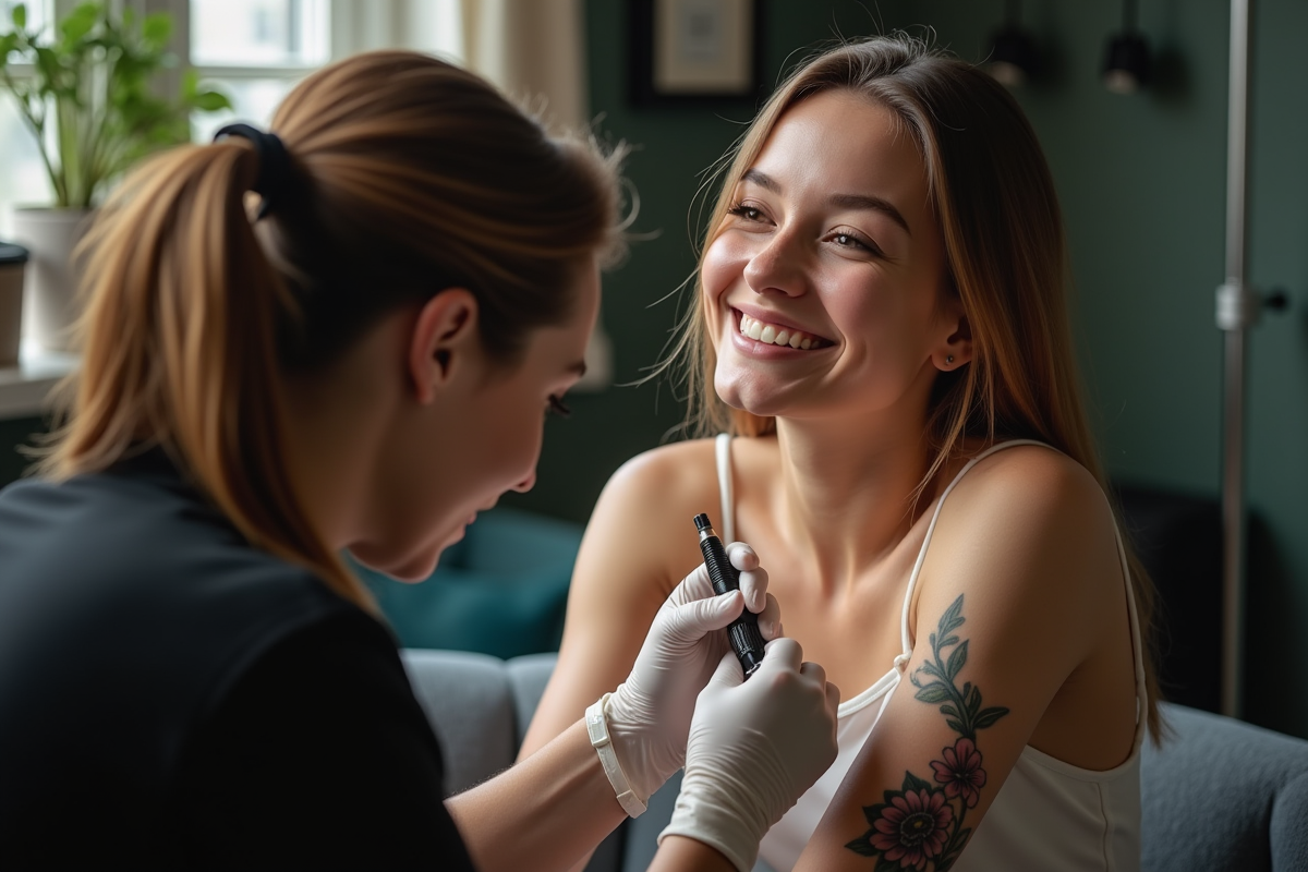 Jeune femme souriante dans un studio de tatouage moderne