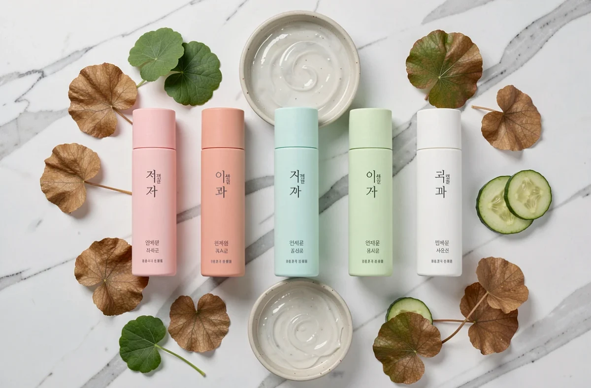 Flat lay de flacons d'essences K-beauty en packaging minimaliste coréen sur marbre blanc avec ingrédients naturels