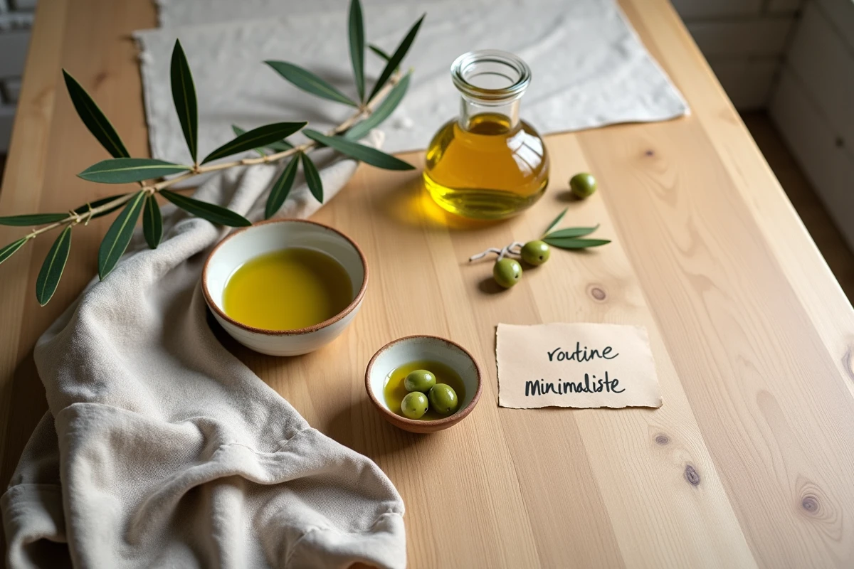 Flat-lay minimaliste avec huile d'olive, olives fraîches et accessoires de soin naturel sur table en bois