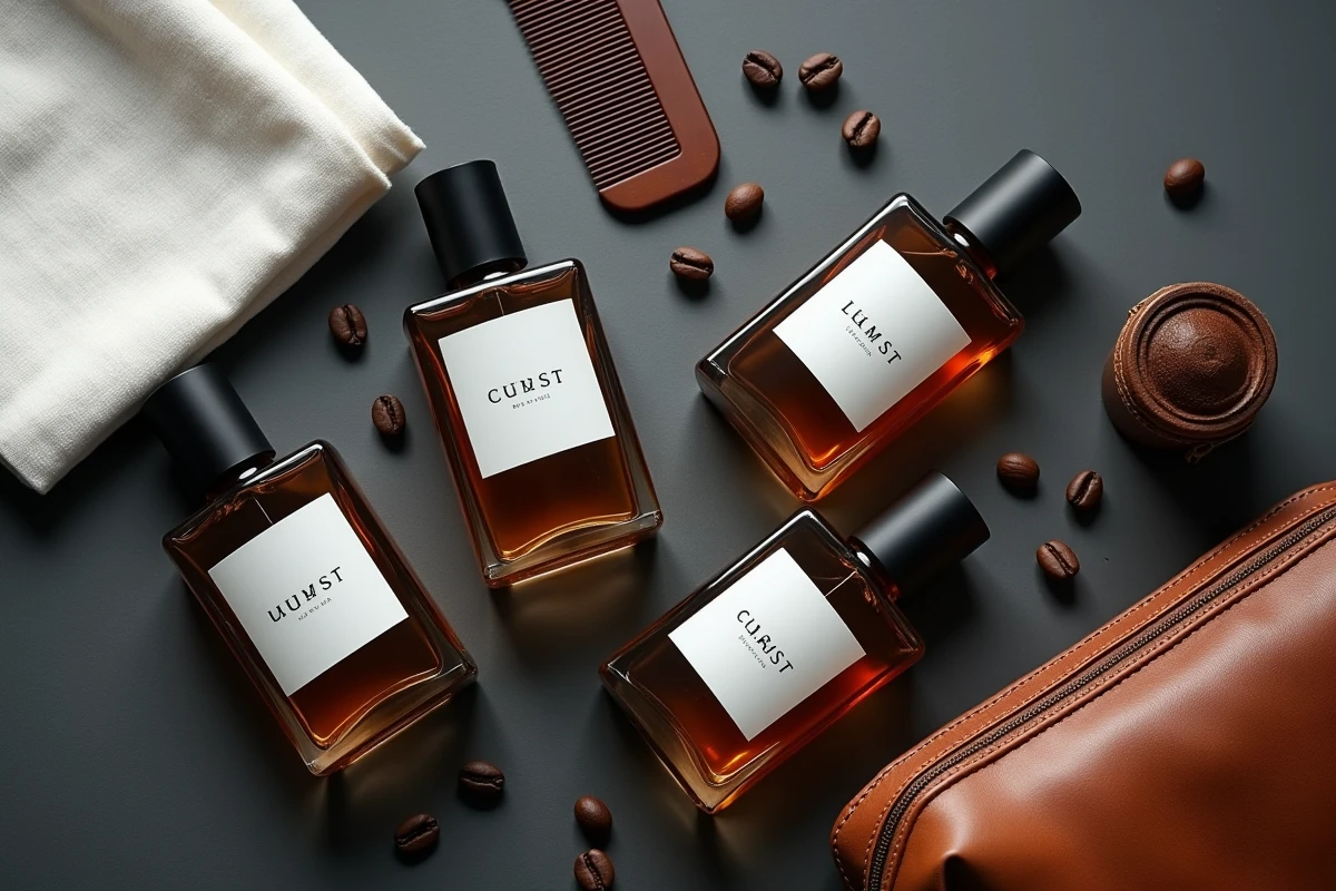 Flat lay de flacons de parfum masculin style dupe Zara sur surface en ardoise avec accessoires de soin homme