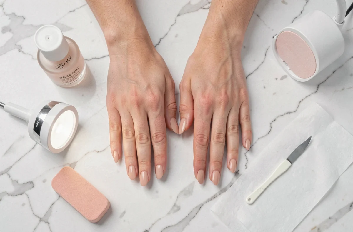 Vue aérienne des mains aux ongles courts en gel nude avec le matériel de manucure gel pour débutante sur marbre blanc