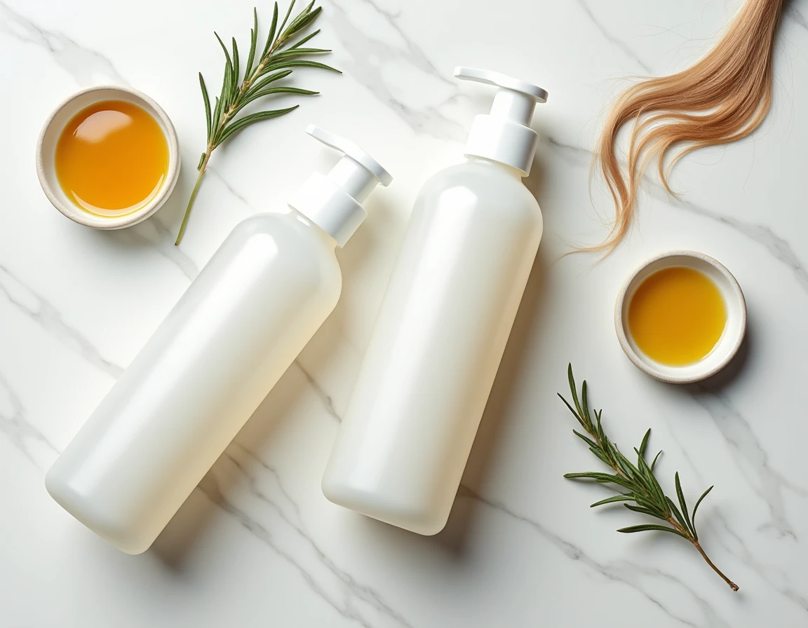 Flat lay de shampoings sans sulfate sans silicone sans paraben sur marbre avec ingrédients botaniques naturels pour cheveux fins