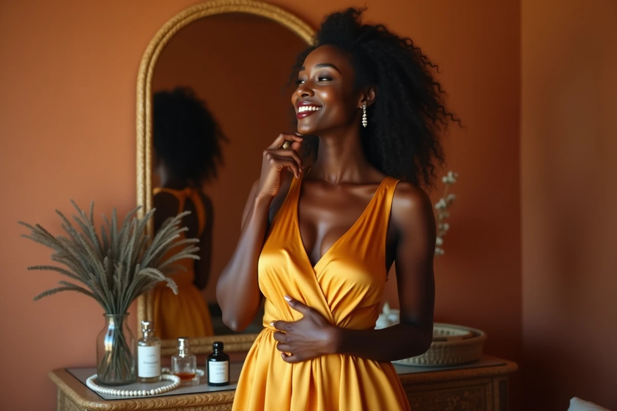 Femme à la peau foncée appliquant du parfum sur son cou devant une coiffeuse vintage dans une chambre aux murs en terre cuite, pour illustrer le choix de fragrance selon la peau