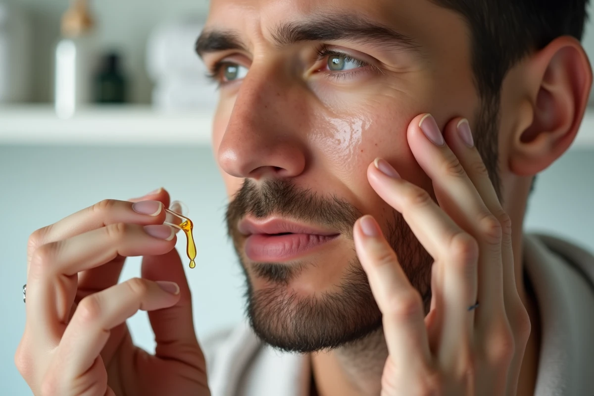 Gros plan sur le visage d'un homme avec des gouttes d'huile hydratante appliquées après le rasage, texture de peau détaillée